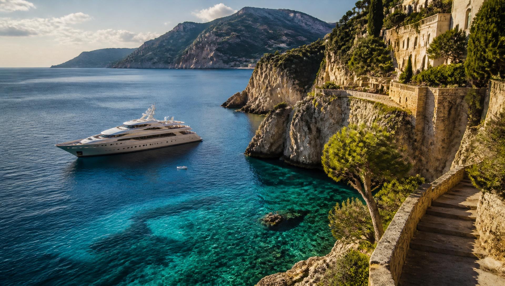 Luxury Mediterranean coastline with a superyacht